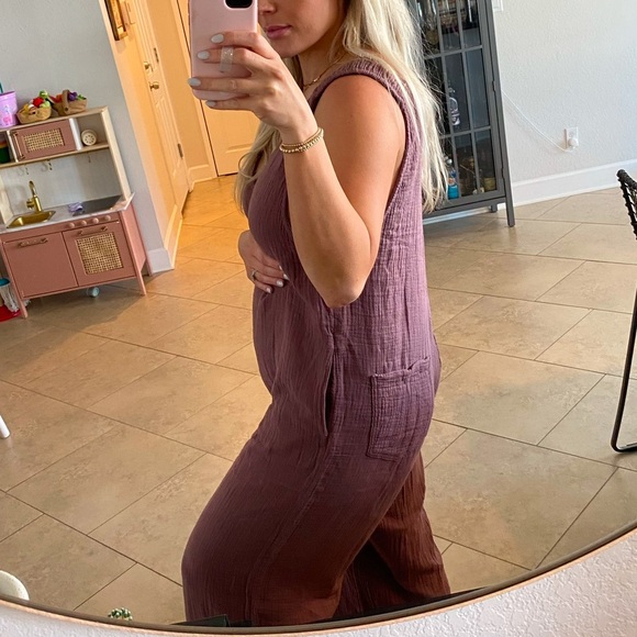 Zara Plum Linen Pant Jumpsuit Wide Leg - Picture 1 of 6